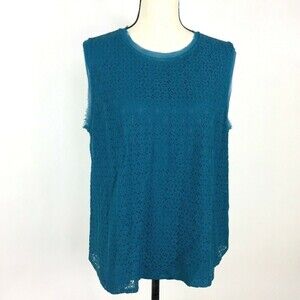 Mossimo Lace Top Women Large Teal One Button Back of Neck Raw Edges
